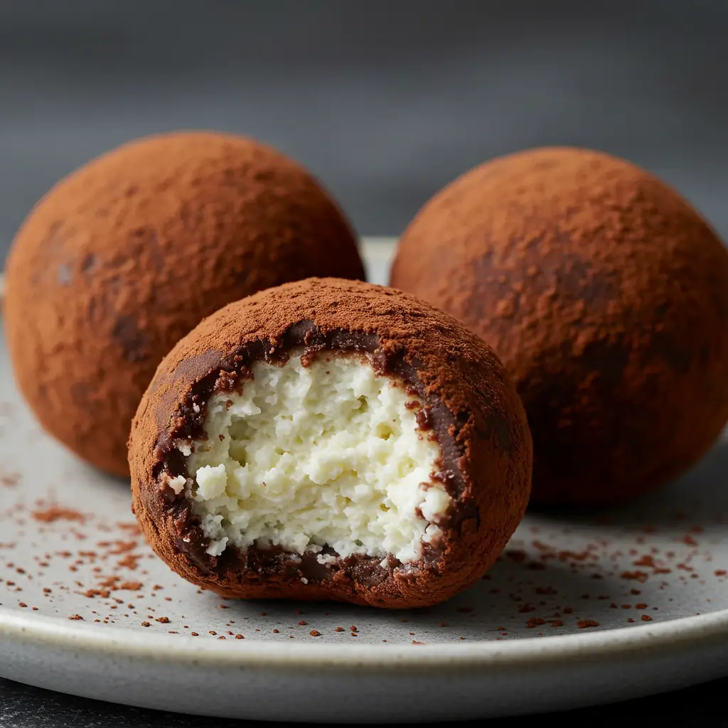 Three dark chocolate cottage cheese truffles on a gray plate, with one bitten to show the fudgy inside.