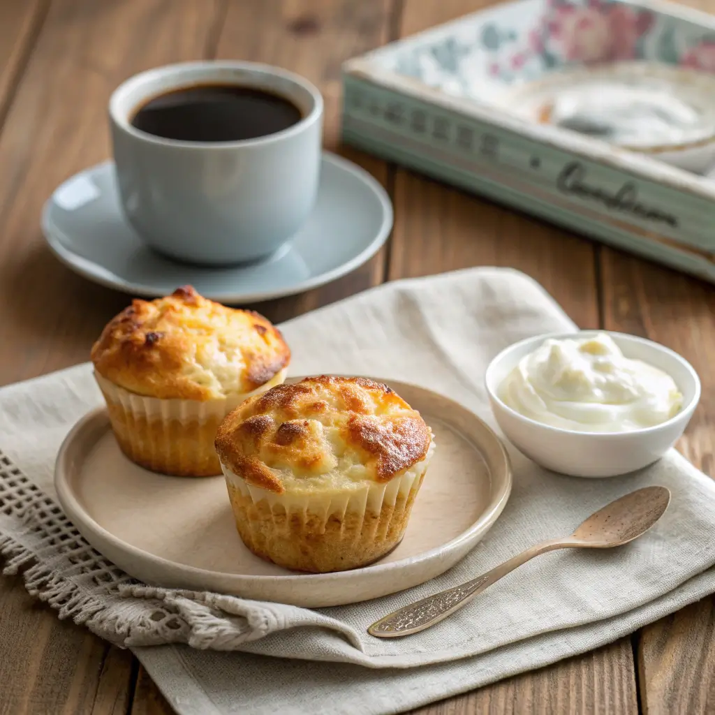 Cottage cheese muffins served for a healthy breakfast with coffee and yogurt.