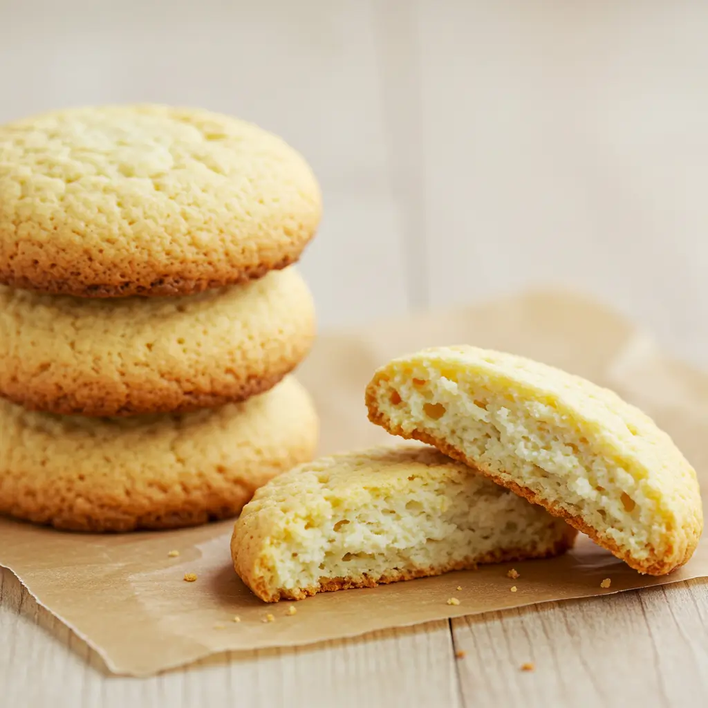 Soft cottage cheese cookies on parchment paper, with one broken to show the cake-like inside.
