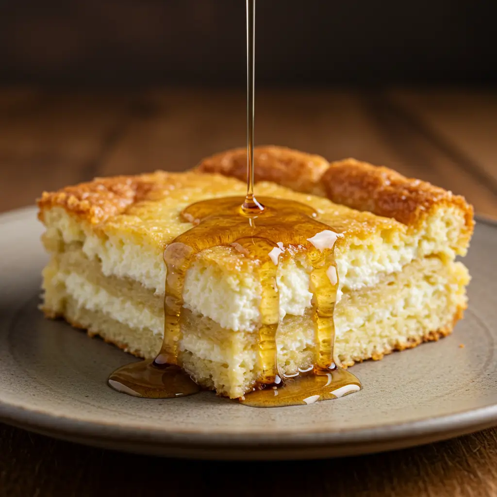 A warm slice of cottage cheese bread pudding with maple syrup on a rustic plate.