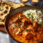Delicious homemade butter chicken served with rice and naan bread
