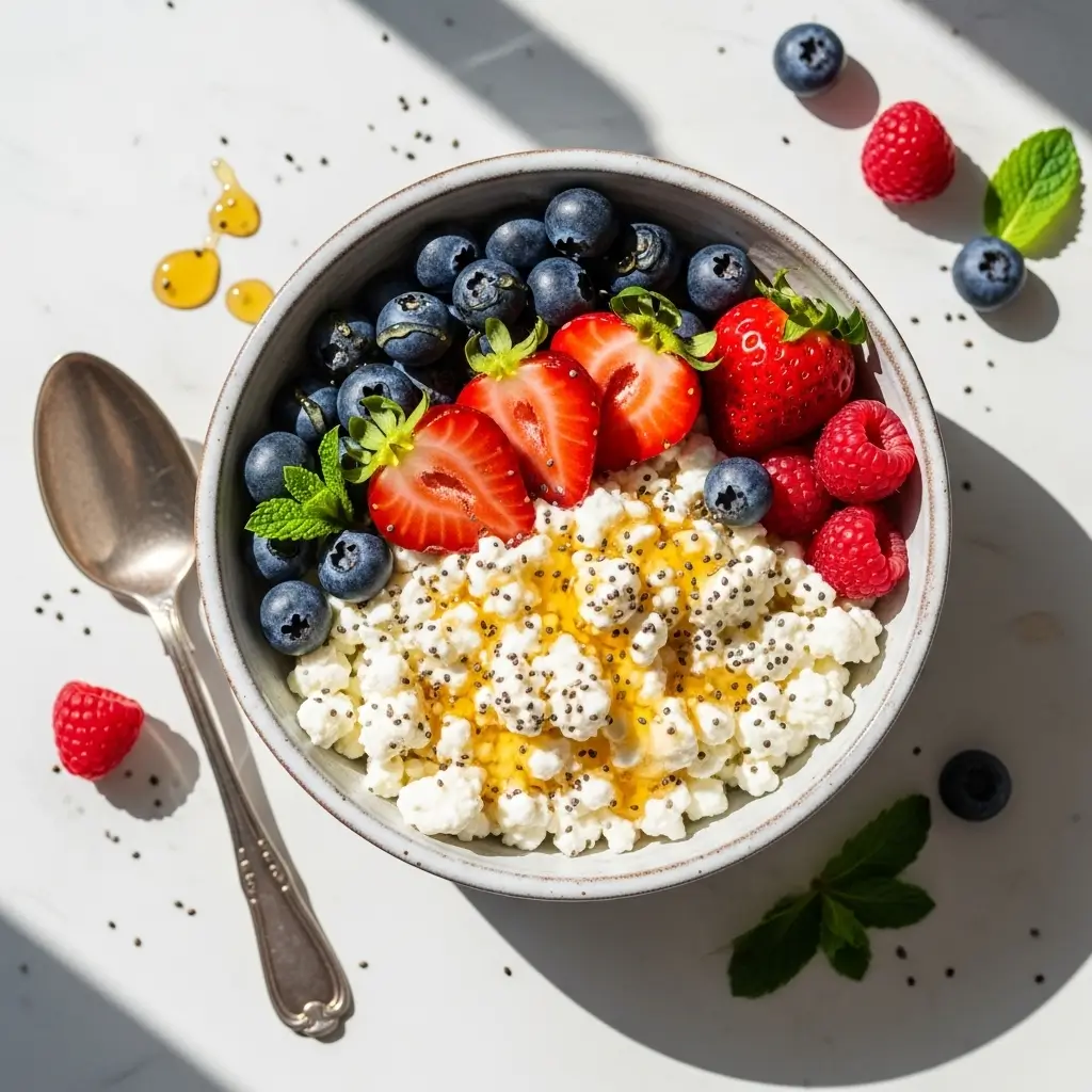 Cottage cheese vitamins minerals in bowl with fresh berries honey and chia seeds