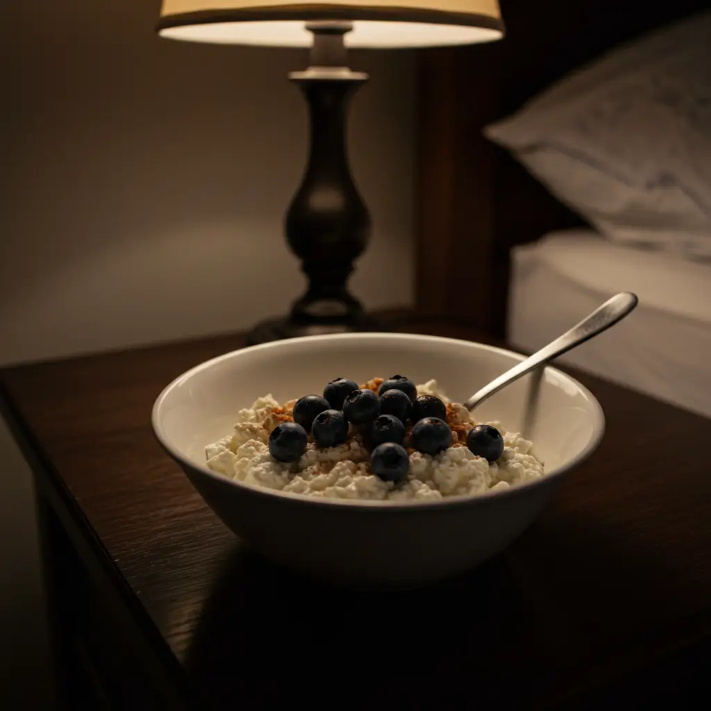 A bowl of cottage cheese before bed, topped with blueberries and cinnamon for a healthy nighttime muscle recovery snack.