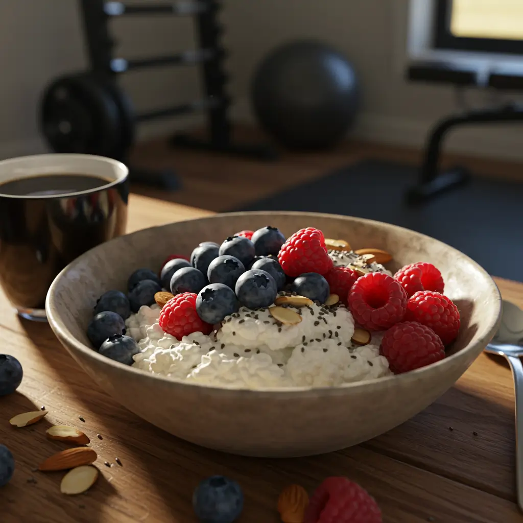 A delicious bowl of cottage cheese for cutting, topped with fresh berries and nuts, representing a healthy breakfast for fat loss.