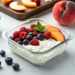 Cottage cheese meal prep featured image — close-up of glass container with cottage cheese topped with berries and peach slice.