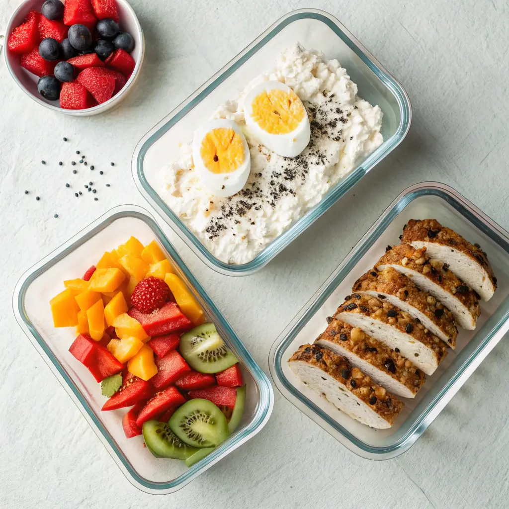 A variety of organized cottage cheese meal prep bowls for a healthy week, featuring sweet and savory options