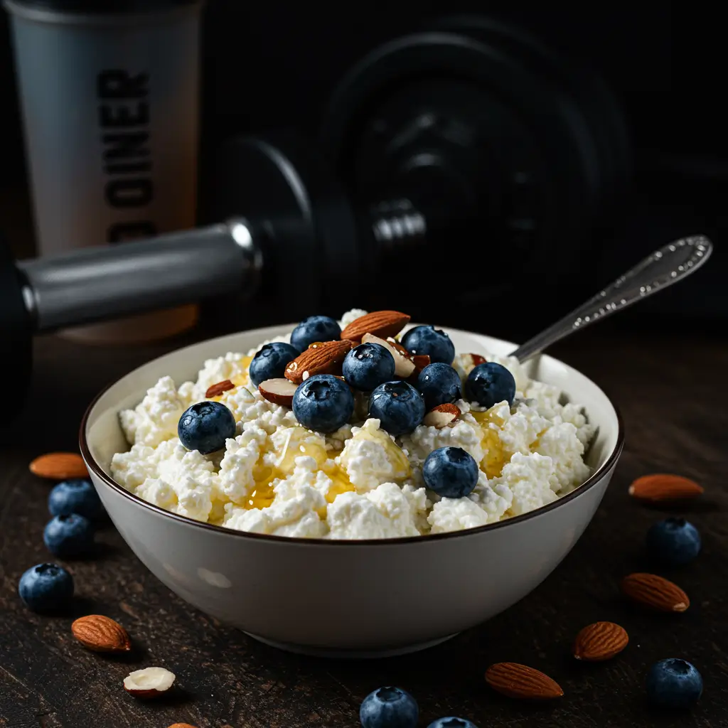 A power-packed bowl of cottage cheese with berries and nuts sits next to a dumbbell, showcasing the ultimate food for cottage cheese muscle building.
