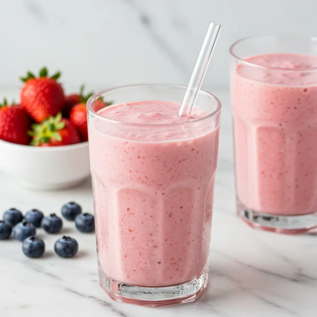 A creamy strawberry cottage cheese protein smoothie in a tall glass, garnished with fresh strawberries to show a healthy, high-protein breakfast option.