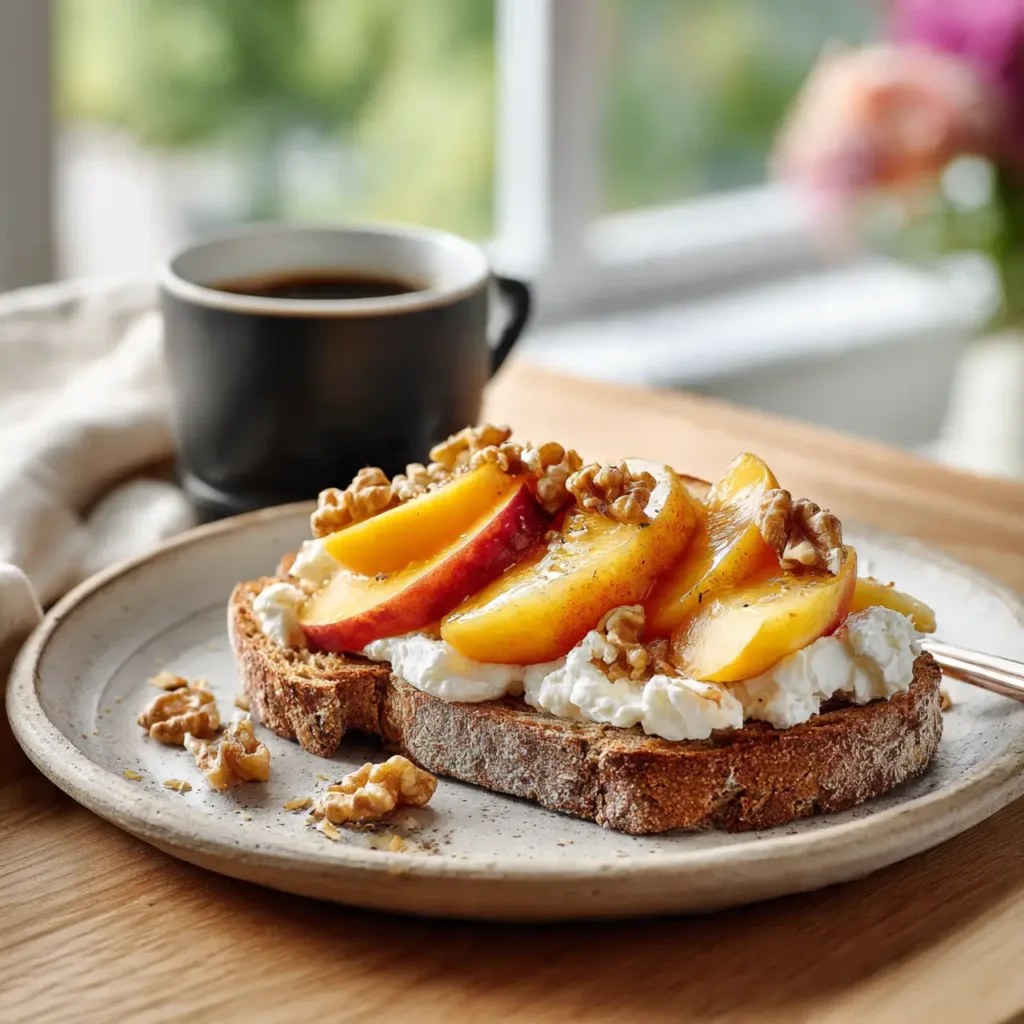 A healthy and delicious breakfast toast made with one of the top-rated healthiest cottage cheese brands, topped with fresh peaches and walnuts.