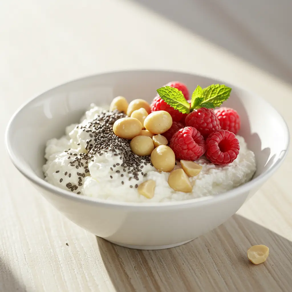 A beautiful white bowl of full-fat cottage cheese topped with nuts and berries, answering the question 'is cottage cheese keto friendly' with a delicious visual.