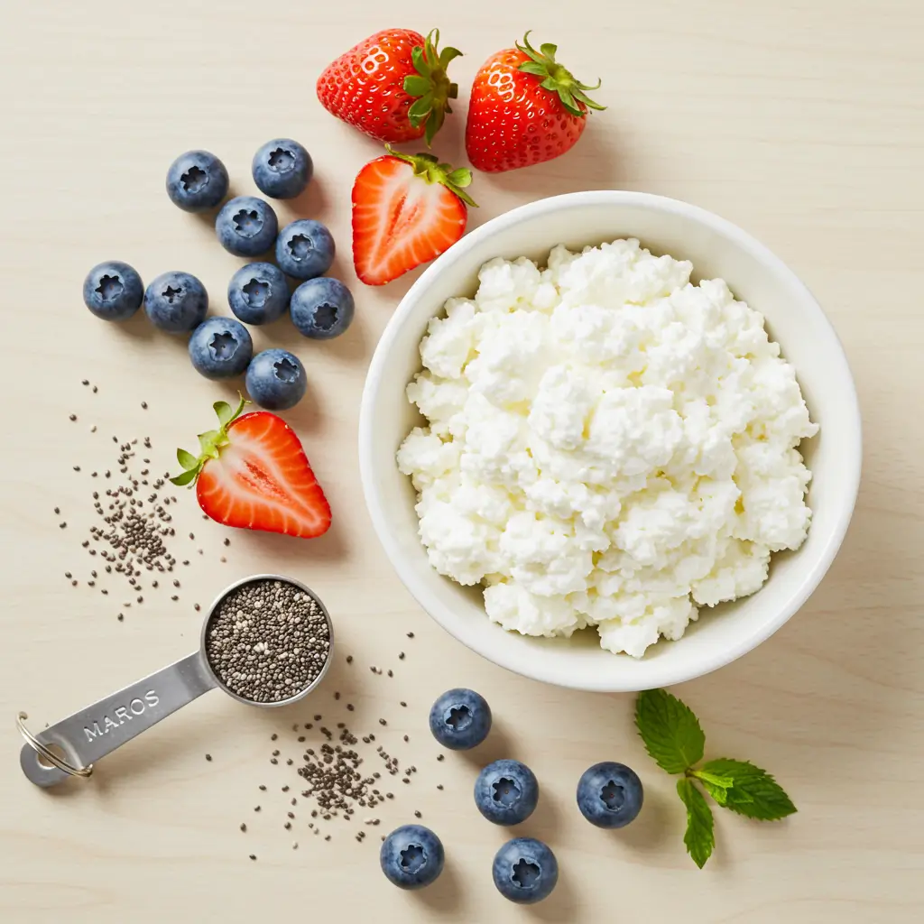Macros cottage cheese featured in a healthy breakfast bowl with fresh berries and a measuring spoon, illustrating a complete nutritional guide.