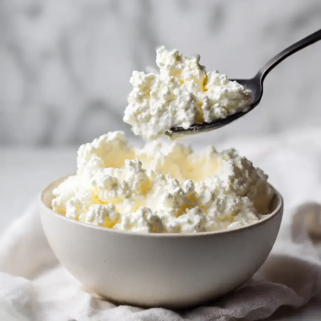 A dramatic macro photograph showing the thick, creamy texture of one of the healthiest cottage cheese brands on a sleek black spoon.