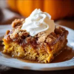 Delicious and easy Pumpkin Dump Cake topped with whipped cream and spices