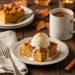 Warm pumpkin dump cake served with vanilla ice cream and cinnamon—cozy fall dessert for holidays or family dinners