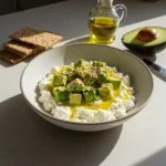 Savory Power Bowl with full-fat cottage cheese, avocado, olive oil, and Everything Bagel seasoning—high-protein, no-sugar savory snack or light meal
