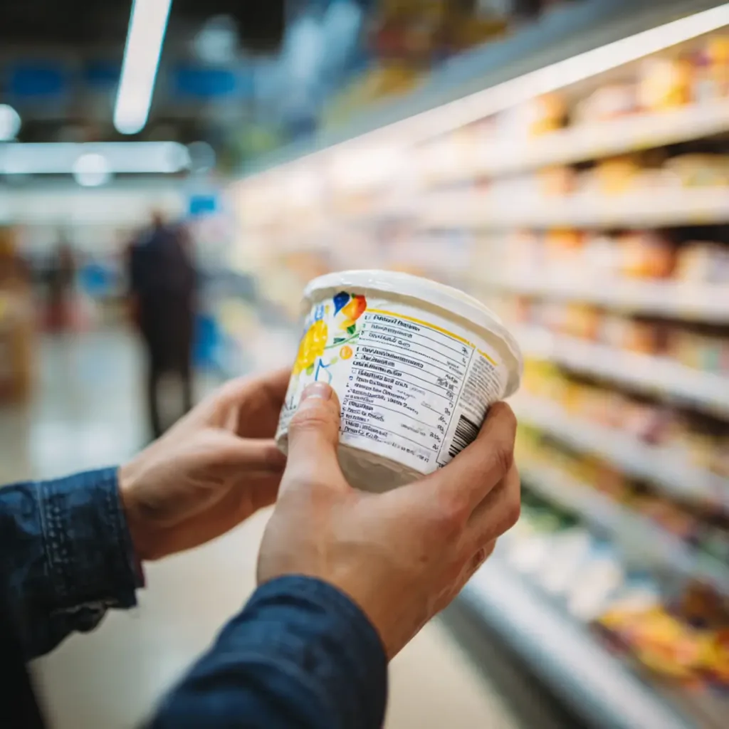 A shopper in a grocery store reading the nutrition label to find the healthiest cottage cheese brands.