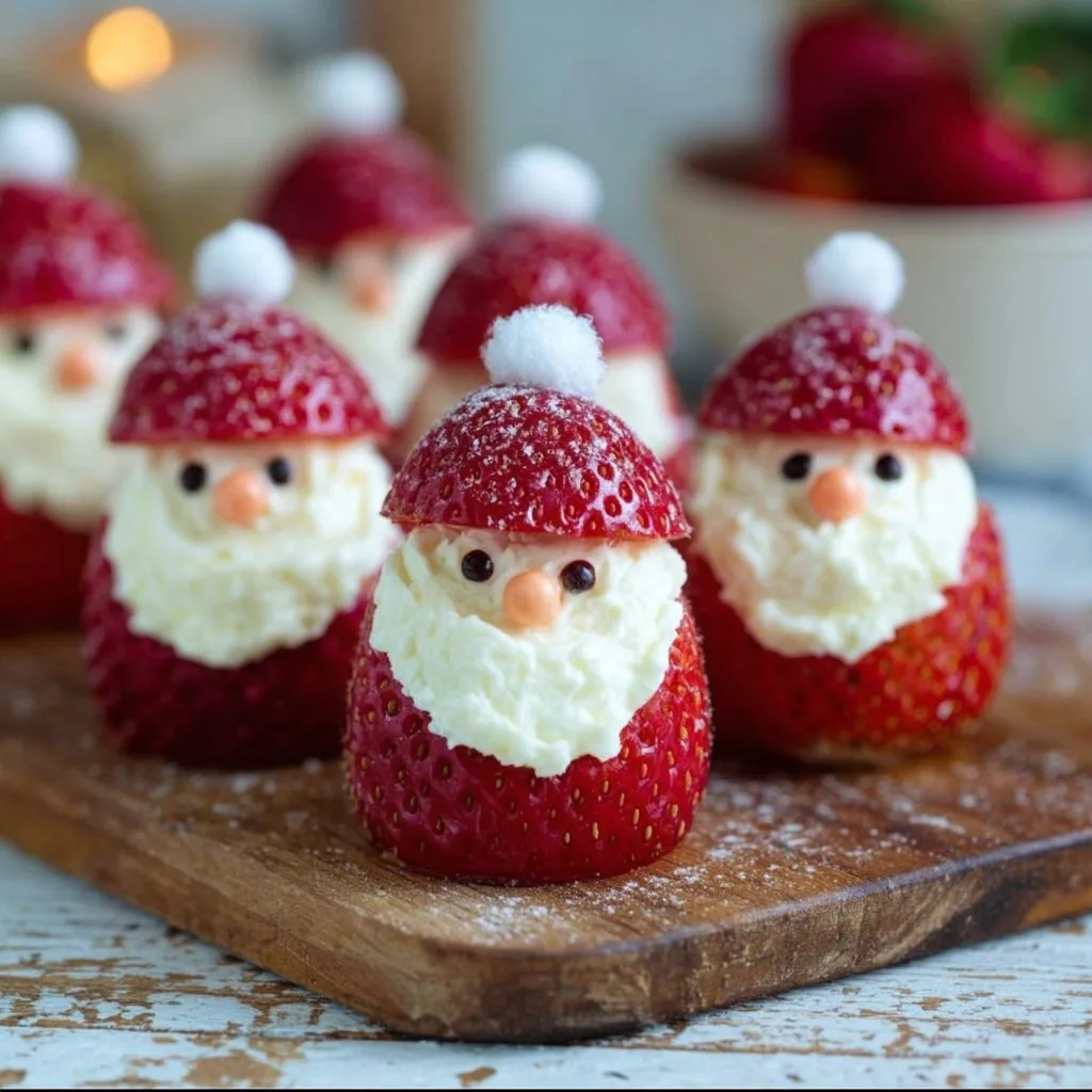 These Strawberry Santas with healthy cheesecake filling are delightfully festive, fun, and easy to make | Christmas food dinner, Christmas snacks, Christmas party snacks