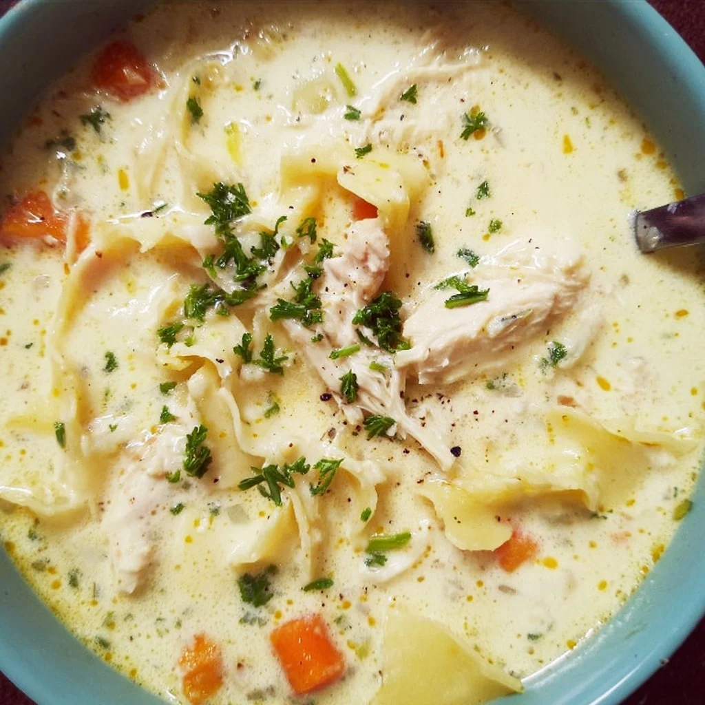 Delicious creamy chicken noodle soup served in a bowl