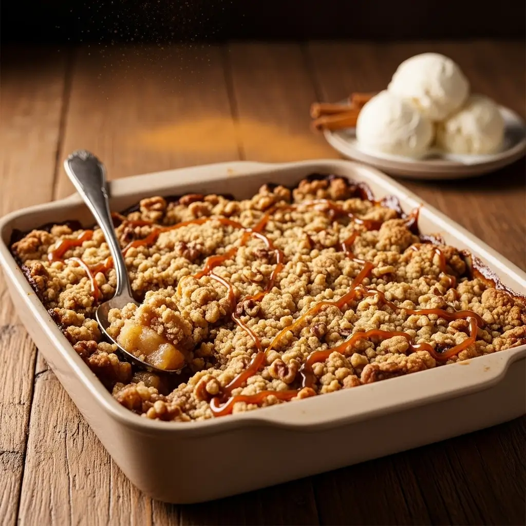 Oven-baked caramel apple dump cake with golden crust and caramel swirls—easy one-pan dessert with apple pie filling and cake mix