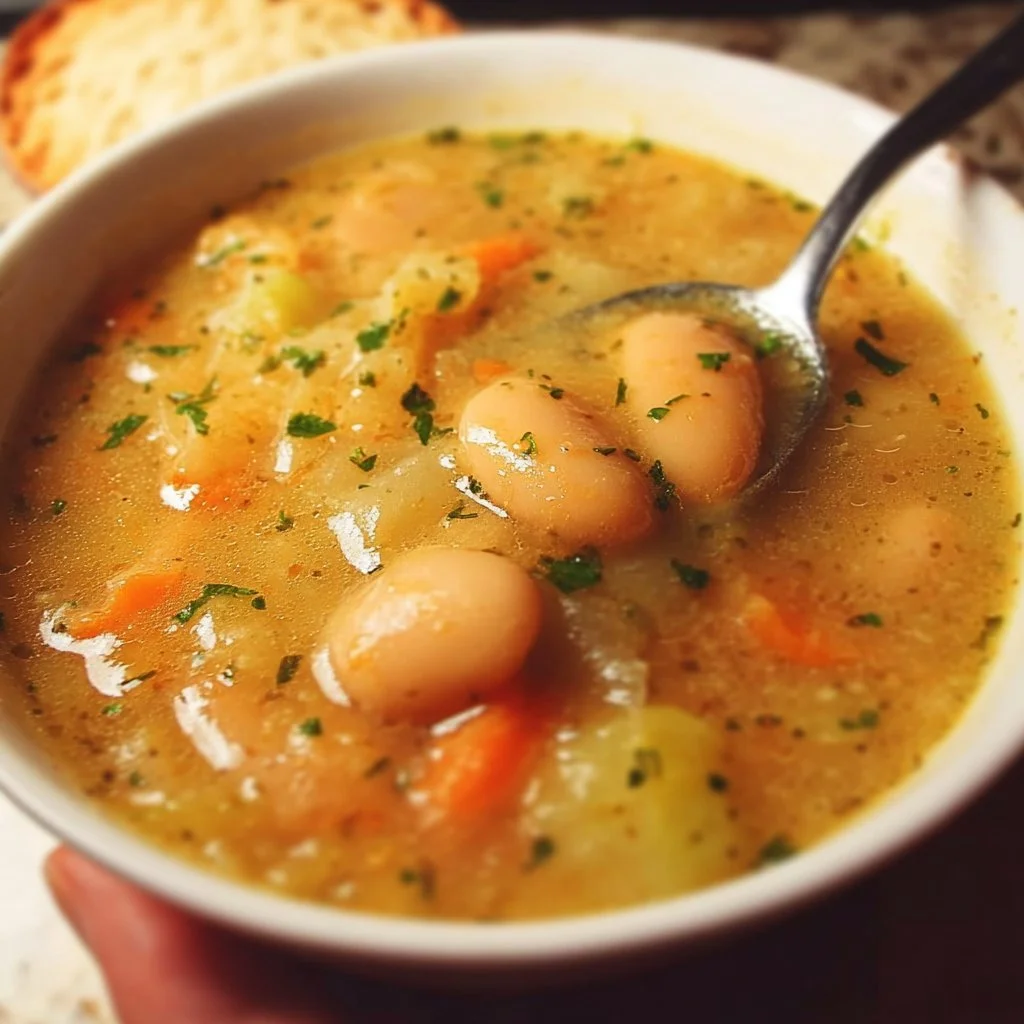 Delicious creamy butter bean soup, made without cream, served in a bowl