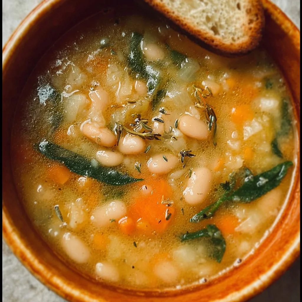Bowl of flavor-packed white bean soup with herbs and vegetables