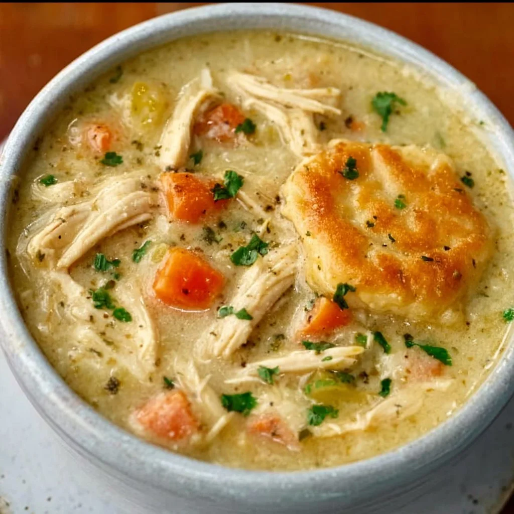 Healthy chicken pot pie soup served in a bowl with vegetables and herbs