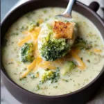 Bowl of keto broccoli cheese soup garnished with cheese and broccoli florets