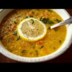 Bowl of Lemon Lentil Soup garnished with herbs and sliced lemons