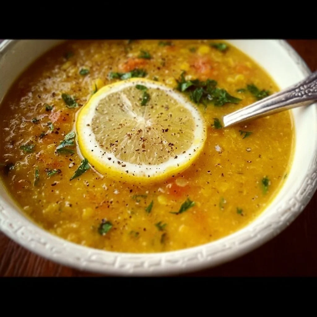 Bowl of Lemon Lentil Soup garnished with herbs and sliced lemons