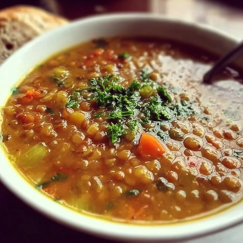 A bowl of hearty lentil soup garnished with fresh herbs and spices.