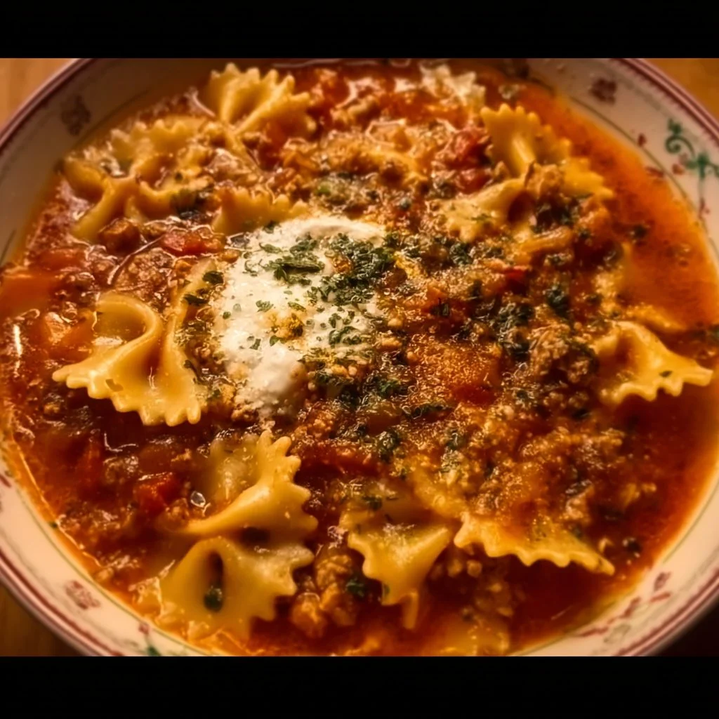 Bowl of mouthwatering one pot lasagna soup with fresh herbs and cheese
