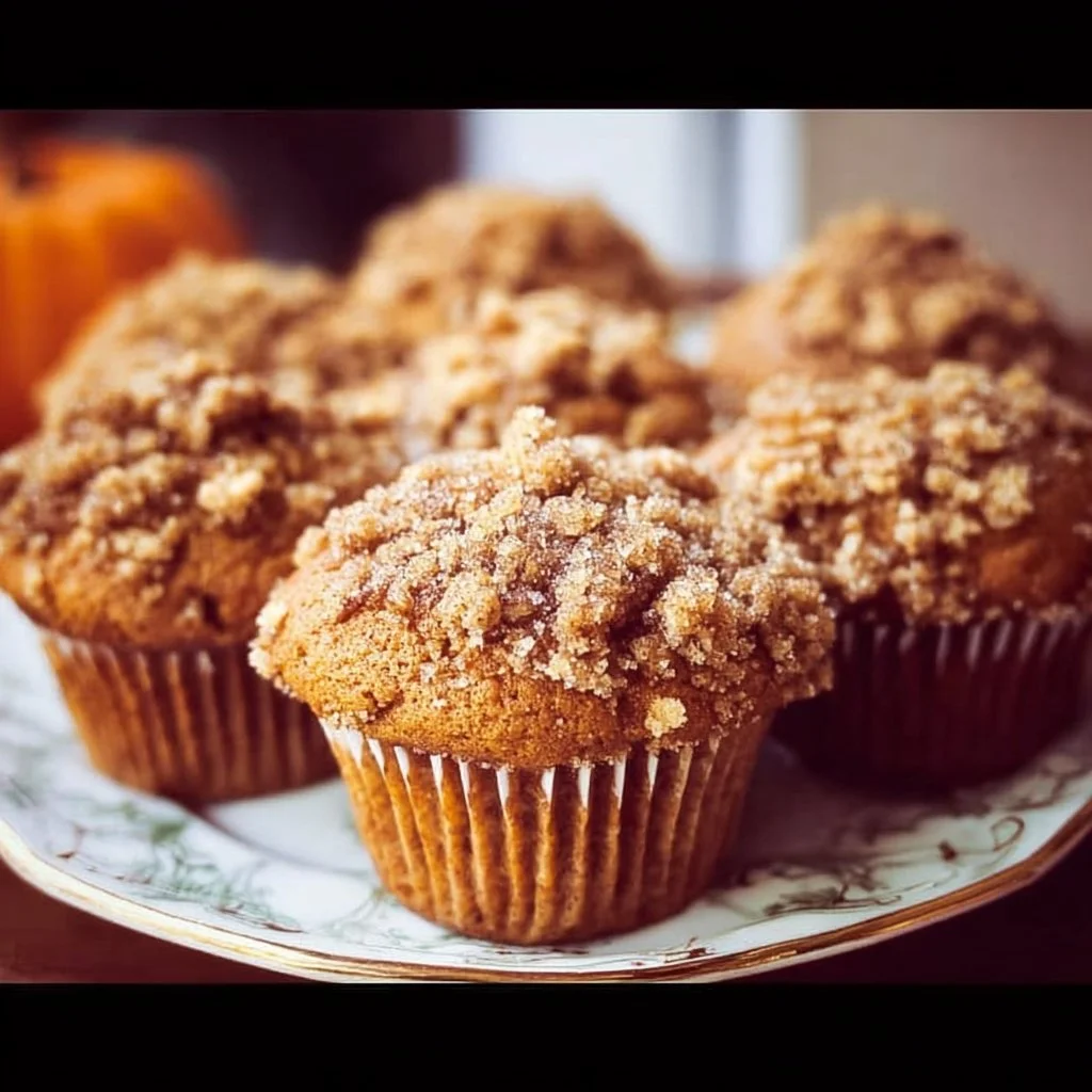 Freshly baked Pumpkin Crumb Muffins with a crunchy topping