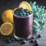 Refreshing lemon-blueberry smoothie garnished with fresh lemon and blueberries