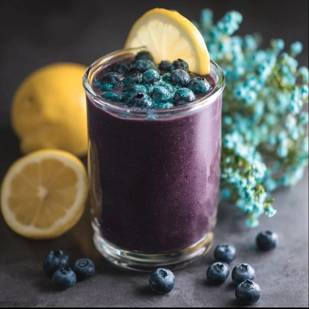 Refreshing lemon-blueberry smoothie garnished with fresh lemon and blueberries
