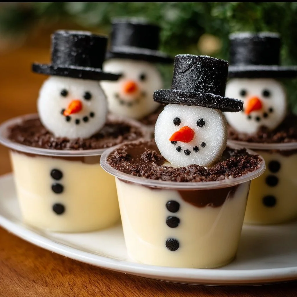 Festive Snowman Pudding Cups decorated with whipped cream and chocolate chips