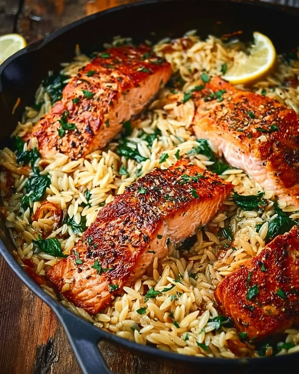 One Skillet Salmon with Lemon Orzo