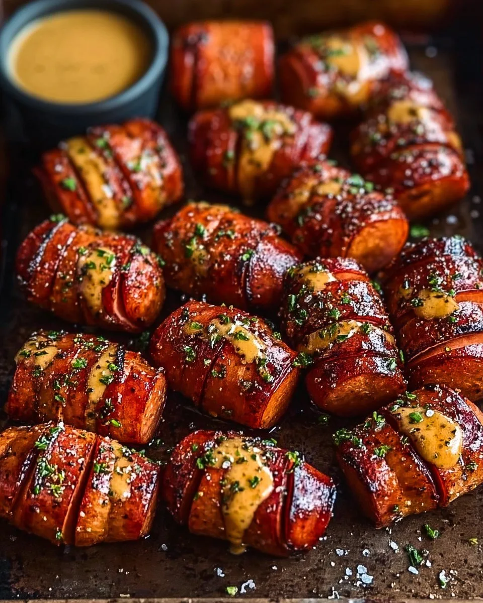 Mustard Hasselback Kielbasa Bites