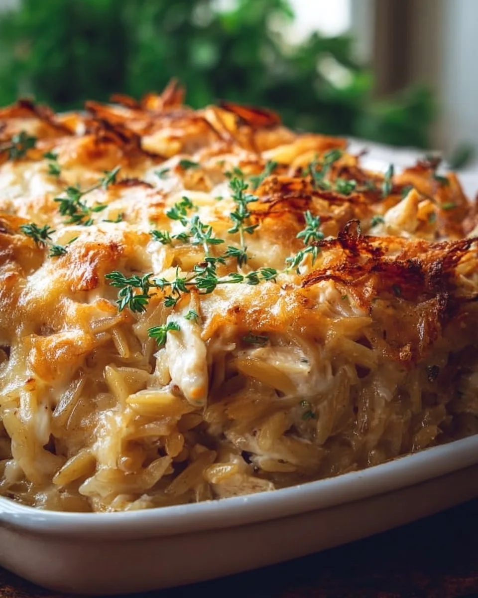 French Onion Chicken Orzo Casserole