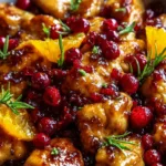 Cranberry Orange Chicken served with a side of vegetables on a plate
