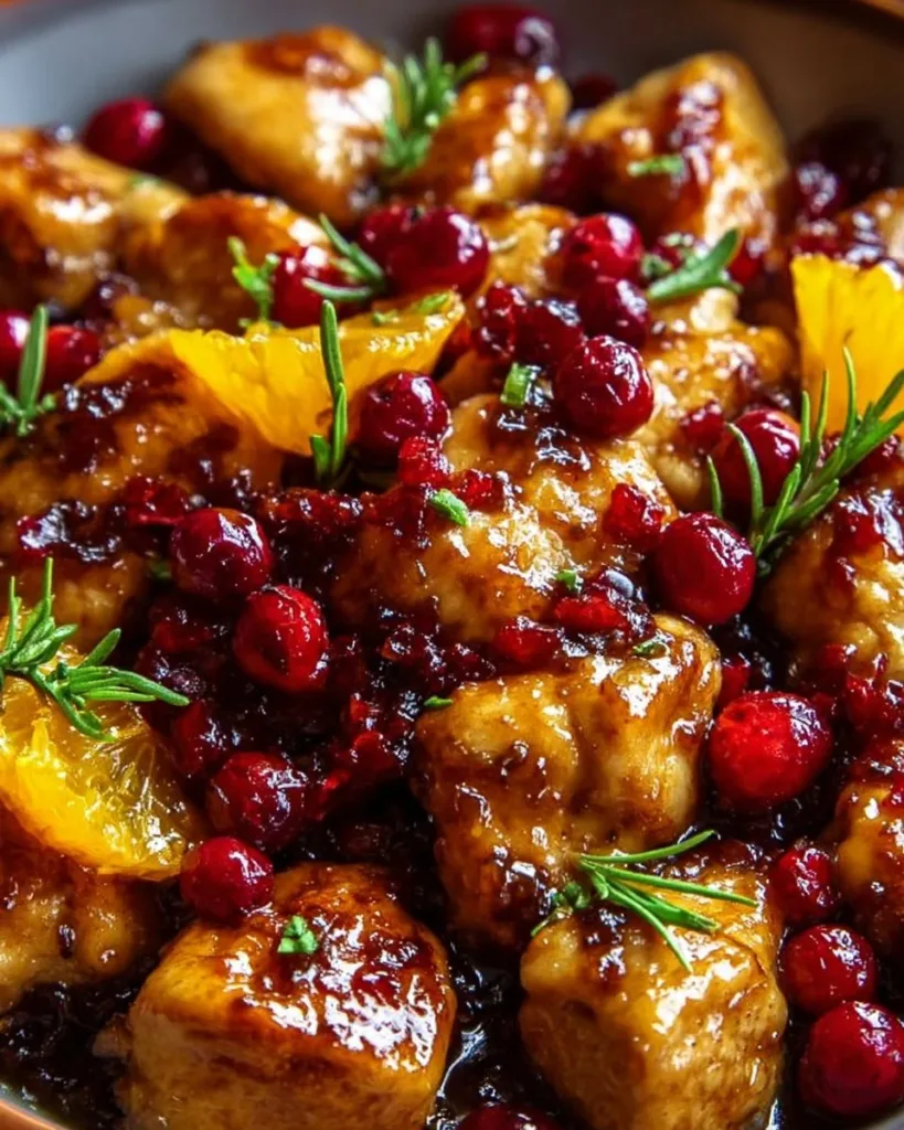 Cranberry Orange Chicken served with a side of vegetables on a plate