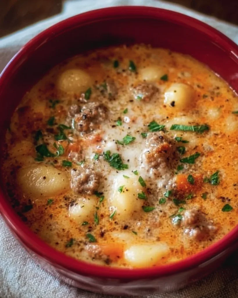 Creamy Italian sausage gnocchi soup in a bowl garnished with herbs