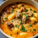 Delicious creamy Italian sausage gnocchi soup served in a bowl