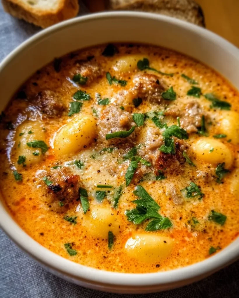 Delicious creamy Italian sausage gnocchi soup served in a bowl
