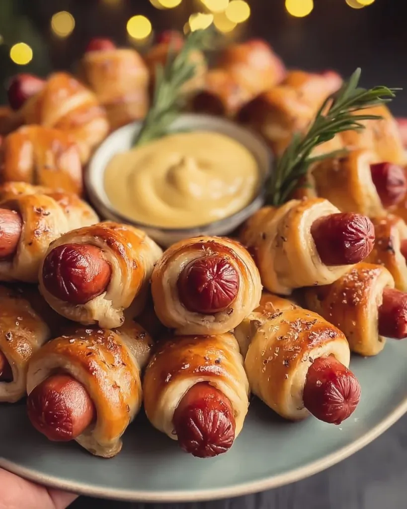 Holiday-themed pigs in a blanket appetizers on a festive table