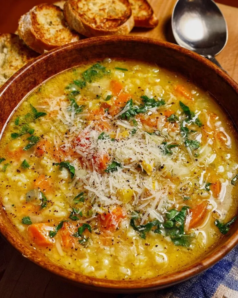 A bowl of Italian Penicillin Soup filled with fresh herbs and vegetables.