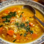 Bowl of Italian Penicillin Soup garnished with herbs and ingredients.