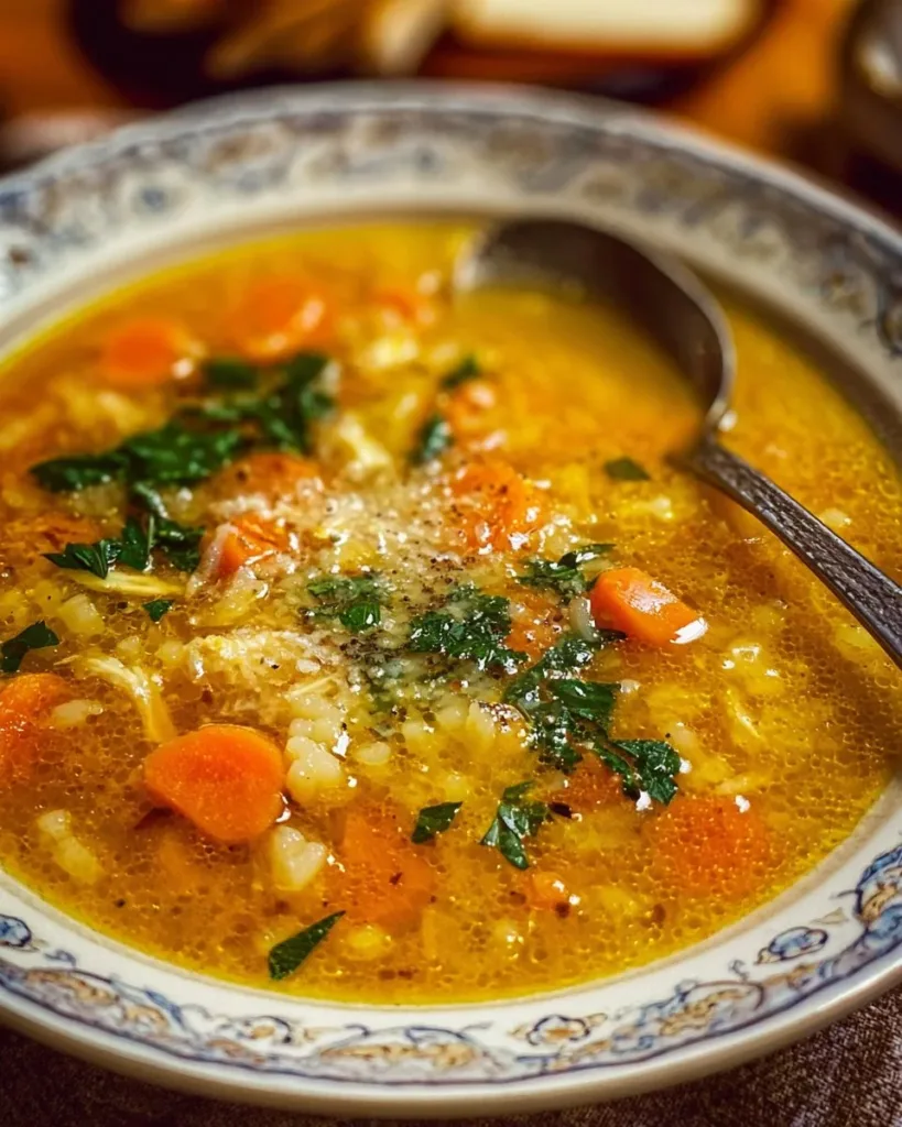 Bowl of Italian Penicillin Soup garnished with herbs and ingredients.