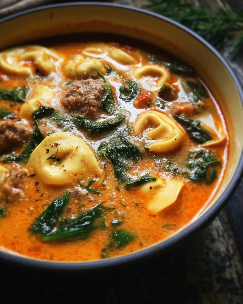 Bowl of Sausage Tortellini Soup with Spinach and herbs