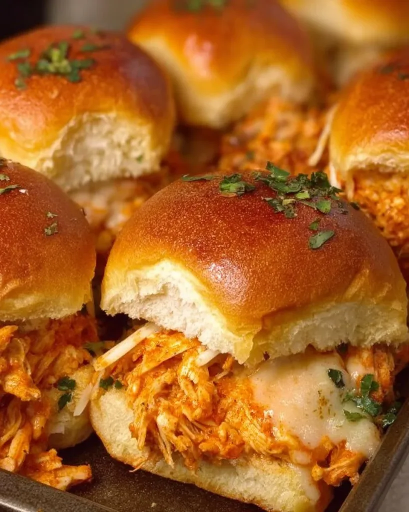 Spicy Buffalo Chicken Sliders served on a platter with toppings.