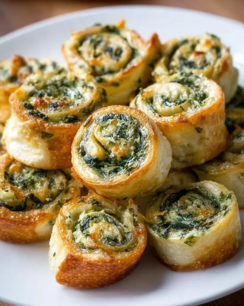 Bite-sized spinach dip pinwheels on a platter ready for serving